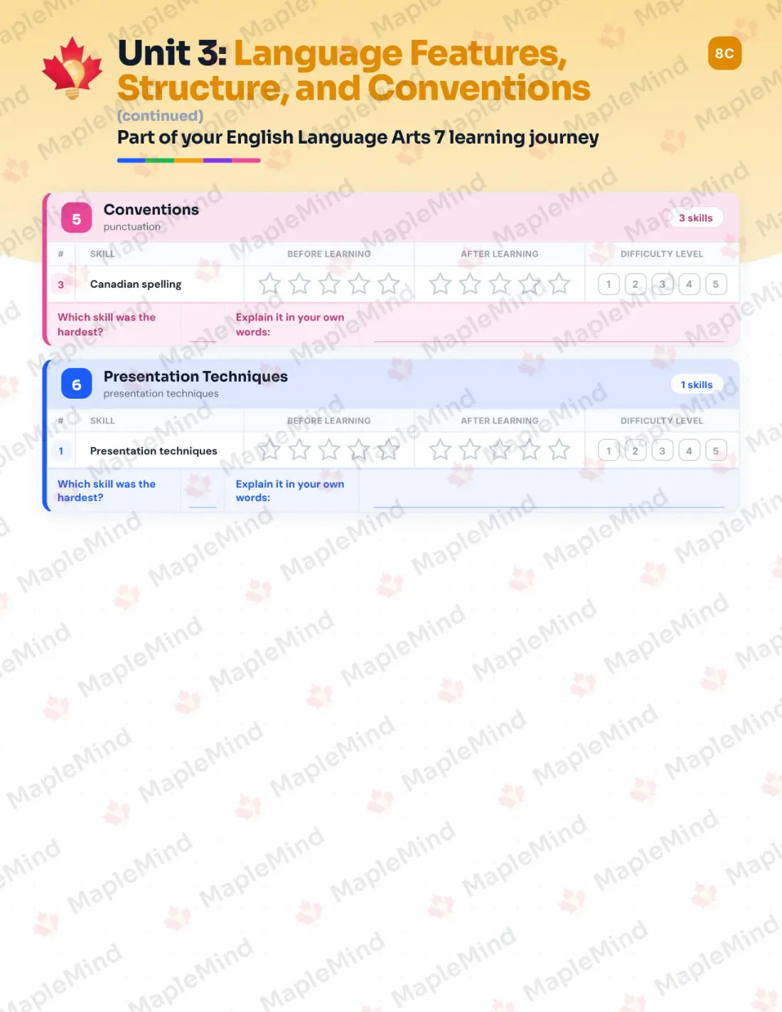 Page 17 of 28 from the English Language Arts 7 British Columbia Course Companion — skills tracker with before and after self-assessment