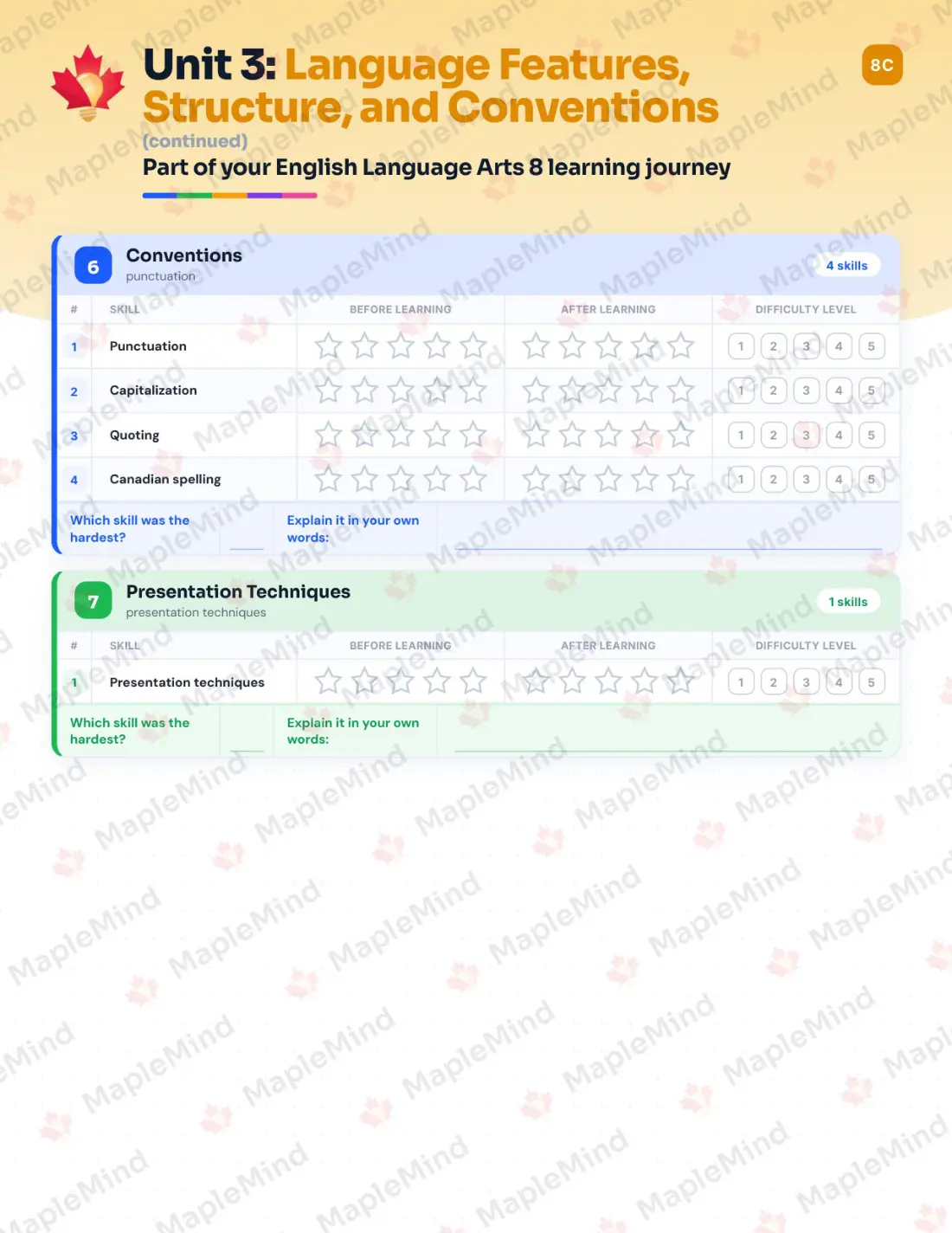 Page 19 of 30 from the English Language Arts 8 British Columbia Course Companion — skills tracker with before and after self-assessment