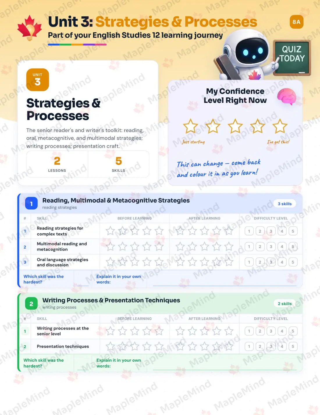 Page 12 of 27 from the English Studies 12 British Columbia Course Companion — skills tracker with before and after self-assessment