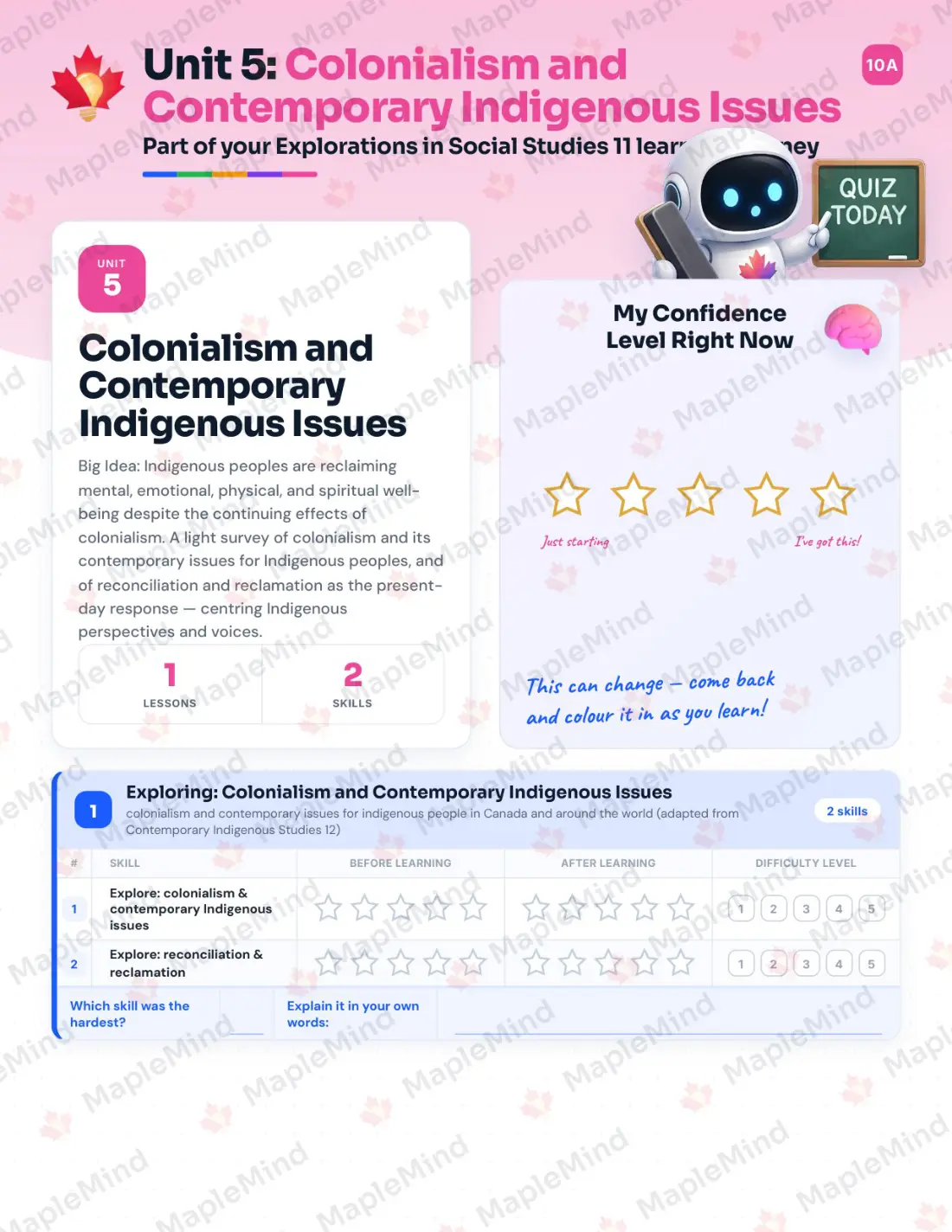 Page 20 of 63 from the Explorations in Social Studies 11 British Columbia Course Companion — skills tracker with before and after self-assessment