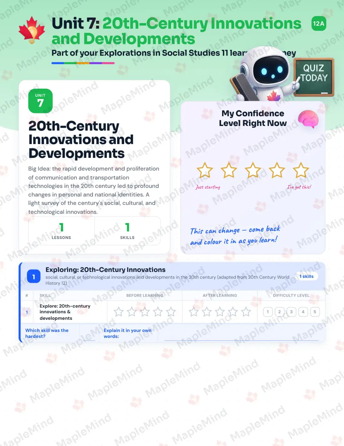 Page 26 of 63 from the Explorations in Social Studies 11 British Columbia Course Companion — skills tracker with before and after self-assessment