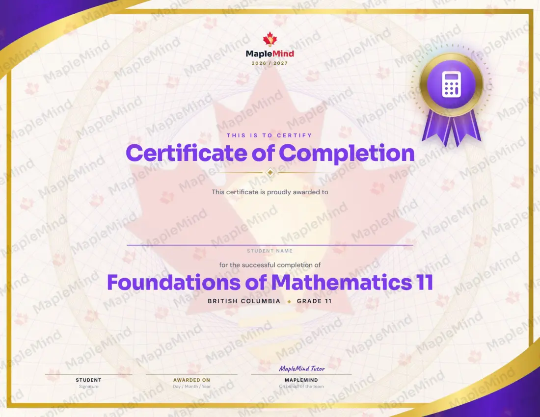 Page 30 of 30 from the Foundations of Mathematics 11 British Columbia Course Companion — year in review and certificate of completion