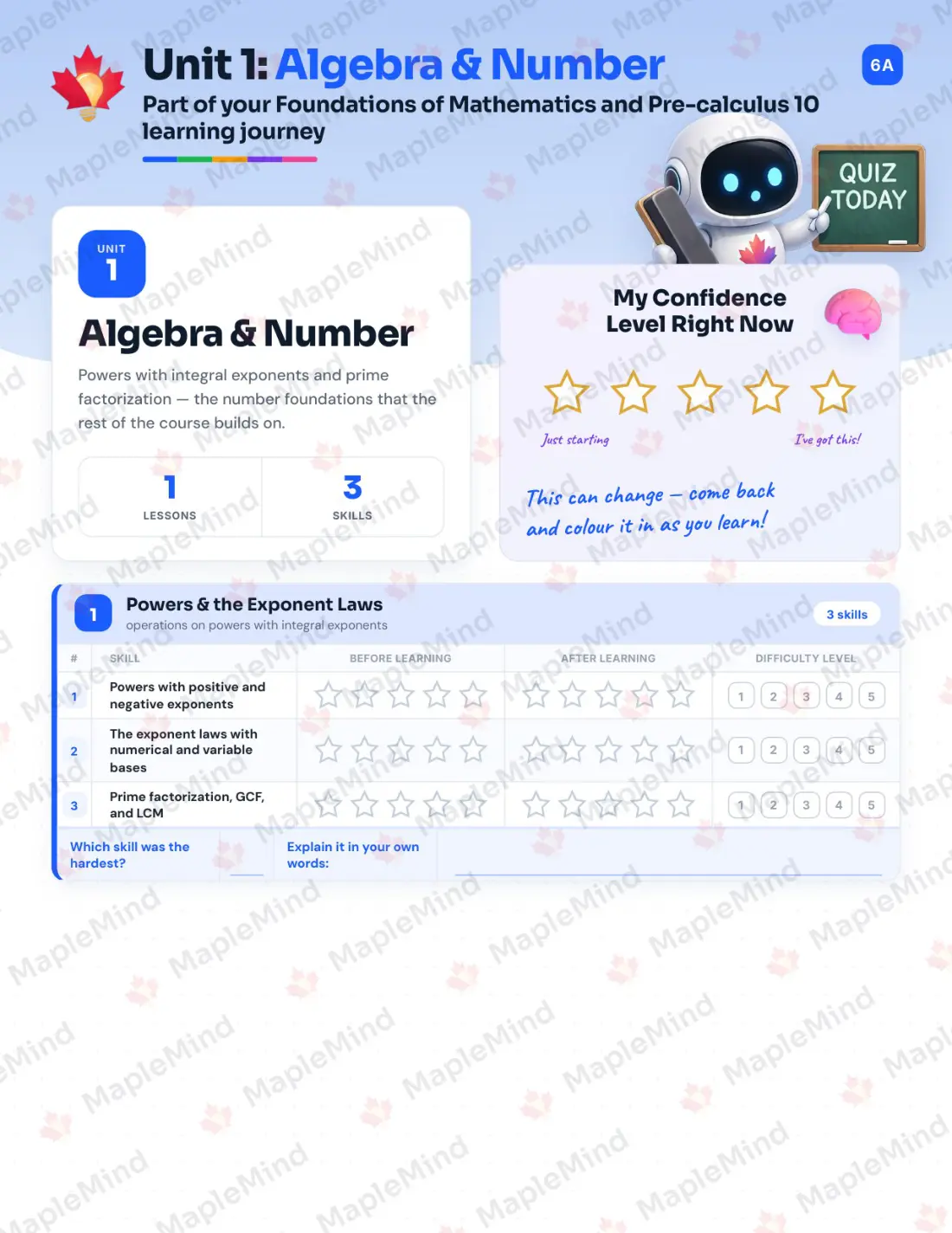 Page 6 of 31 from the Foundations of Mathematics and Pre-calculus 10 British Columbia Course Companion — skills tracker with before and after self-assessment