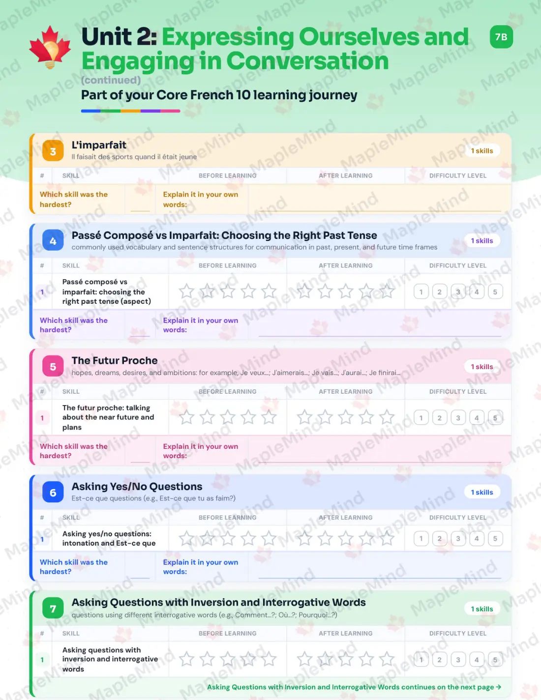 Page 11 of 36 from the Core French 10 British Columbia Course Companion — skills tracker with before and after self-assessment