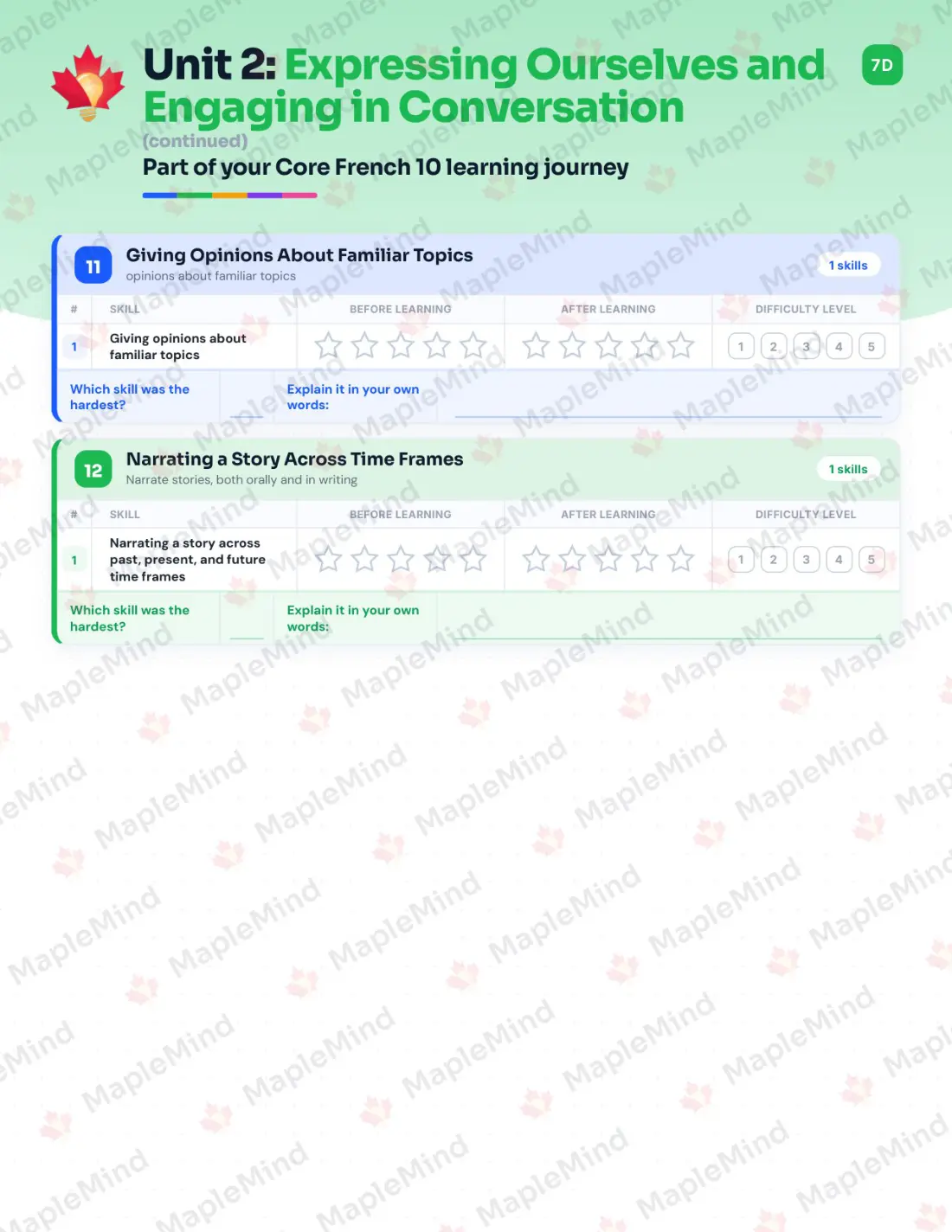 Page 13 of 36 from the Core French 10 British Columbia Course Companion — skills tracker with before and after self-assessment