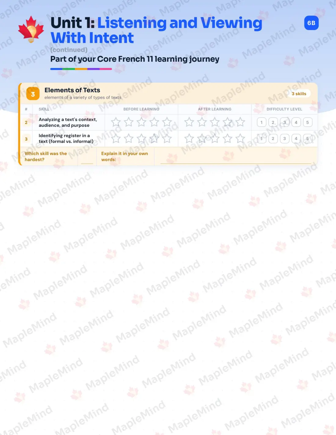 Page 8 of 32 from the Core French 11 British Columbia Course Companion — skills tracker with before and after self-assessment