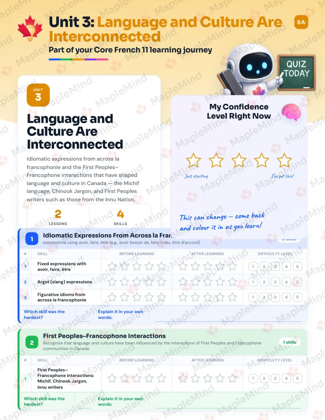 Page 17 of 32 from the Core French 11 British Columbia Course Companion — skills tracker with before and after self-assessment