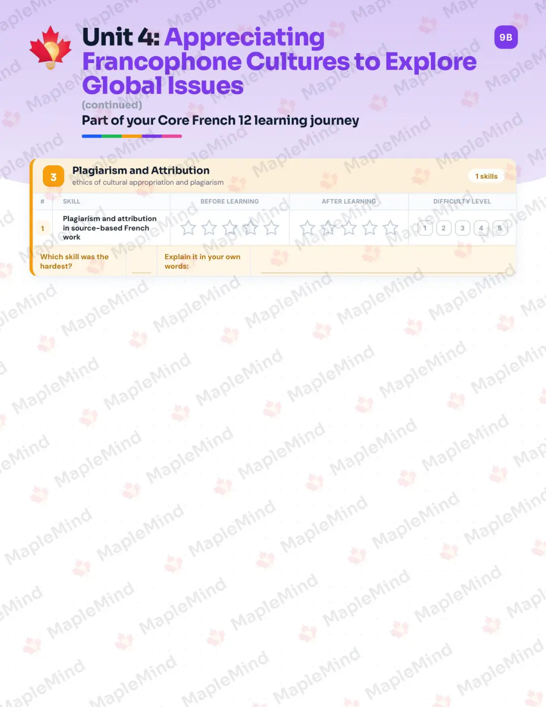 Page 21 of 37 from the Core French 12 British Columbia Course Companion — skills tracker with before and after self-assessment