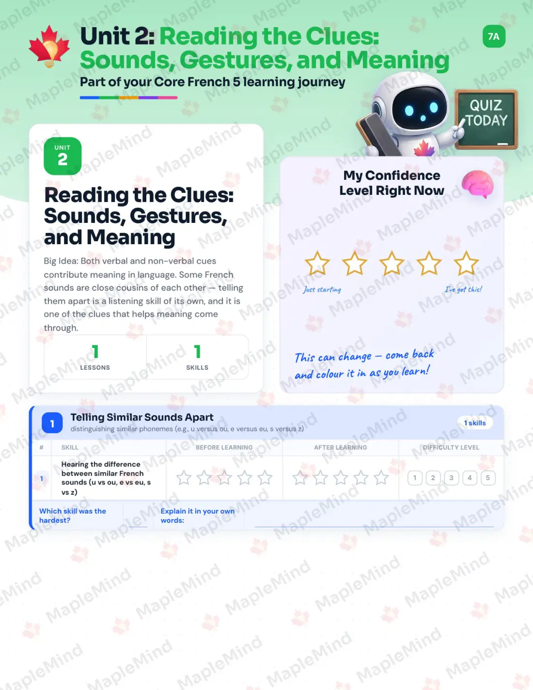 Page 10 of 36 from the Core French 5 British Columbia Course Companion — skills tracker with before and after self-assessment