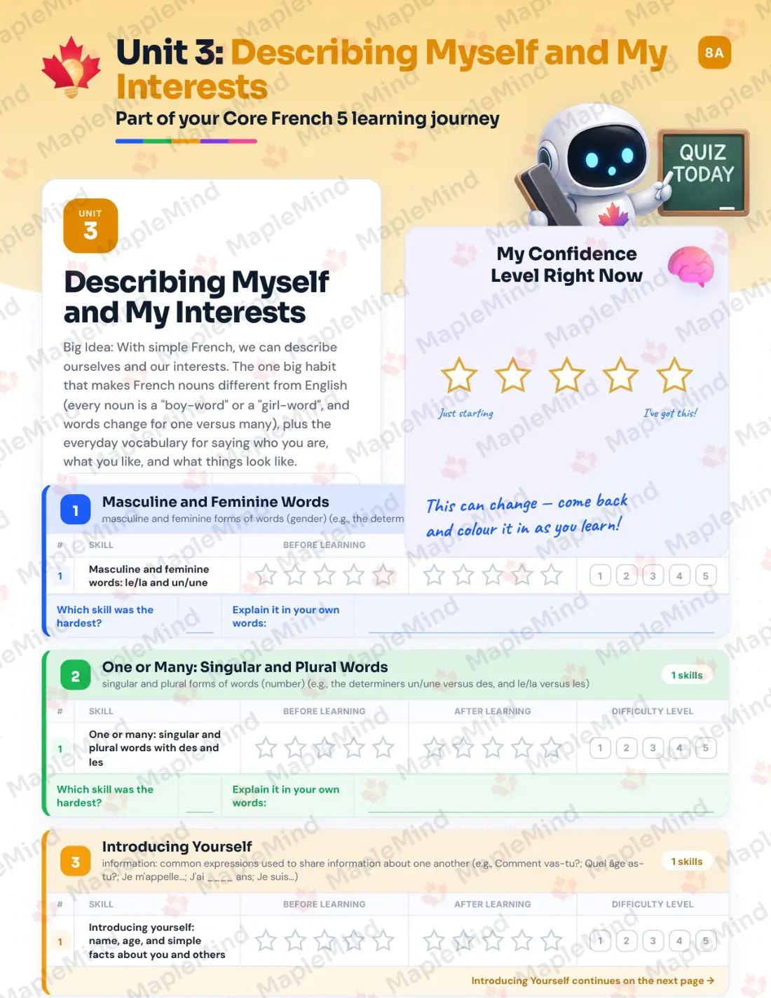 Page 13 of 36 from the Core French 5 British Columbia Course Companion — skills tracker with before and after self-assessment