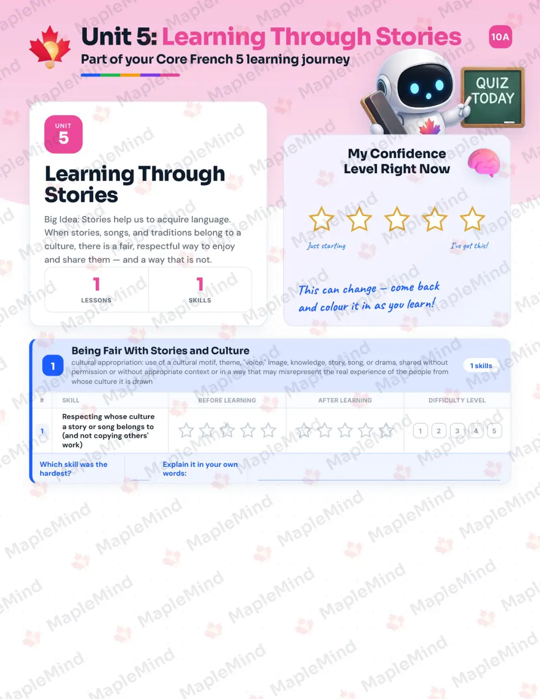 Page 20 of 36 from the Core French 5 British Columbia Course Companion — skills tracker with before and after self-assessment