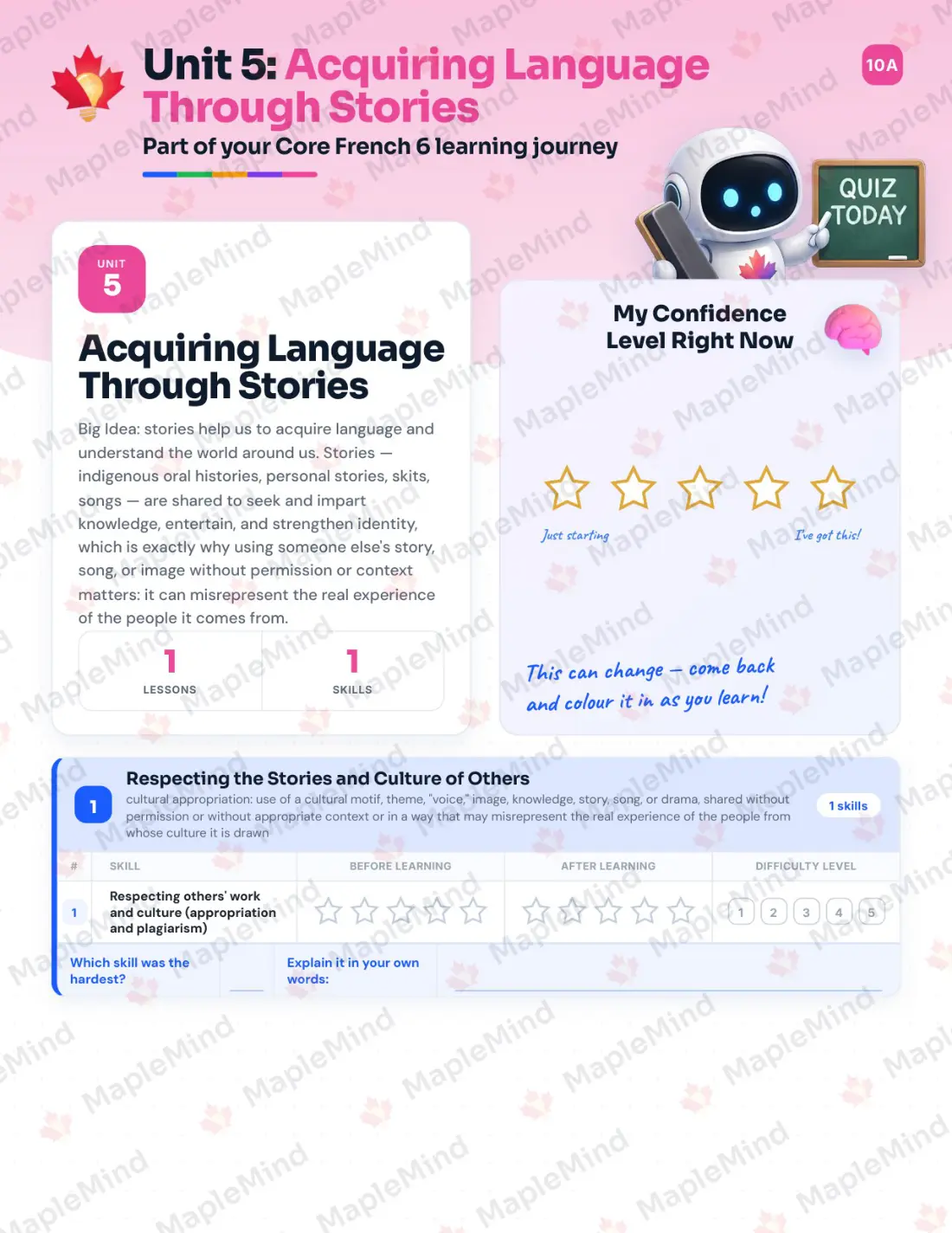 Page 18 of 33 from the Core French 6 British Columbia Course Companion — skills tracker with before and after self-assessment