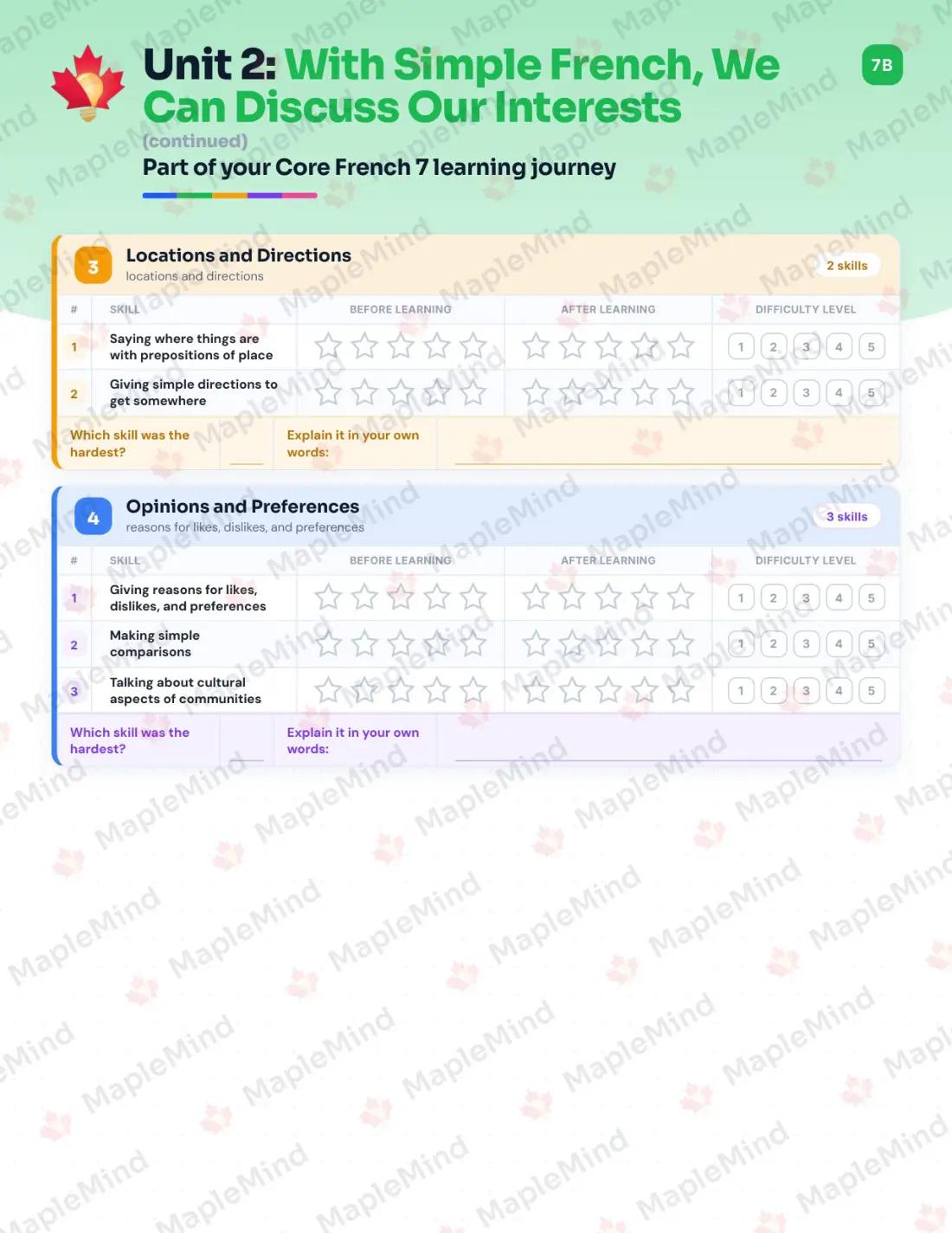 Page 10 of 29 from the Core French 7 British Columbia Course Companion — skills tracker with before and after self-assessment