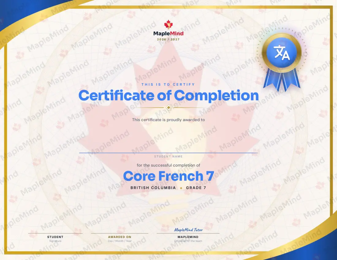 Page 29 of 29 from the Core French 7 British Columbia Course Companion — year in review and certificate of completion