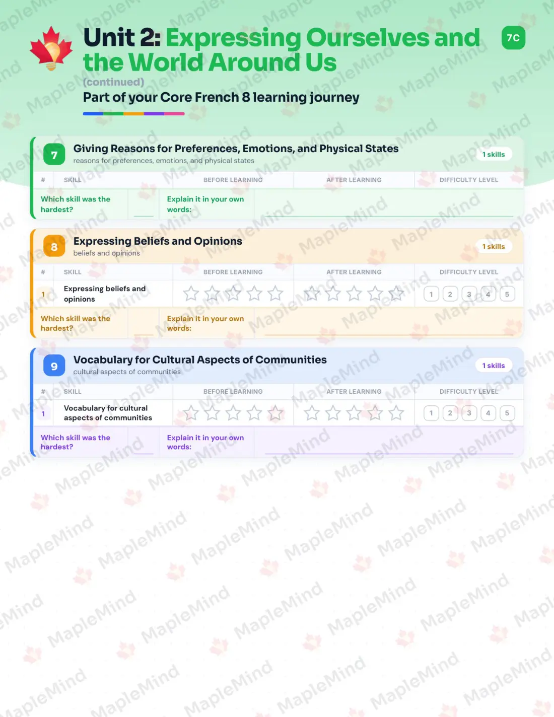 Page 13 of 35 from the Core French 8 British Columbia Course Companion — skills tracker with before and after self-assessment