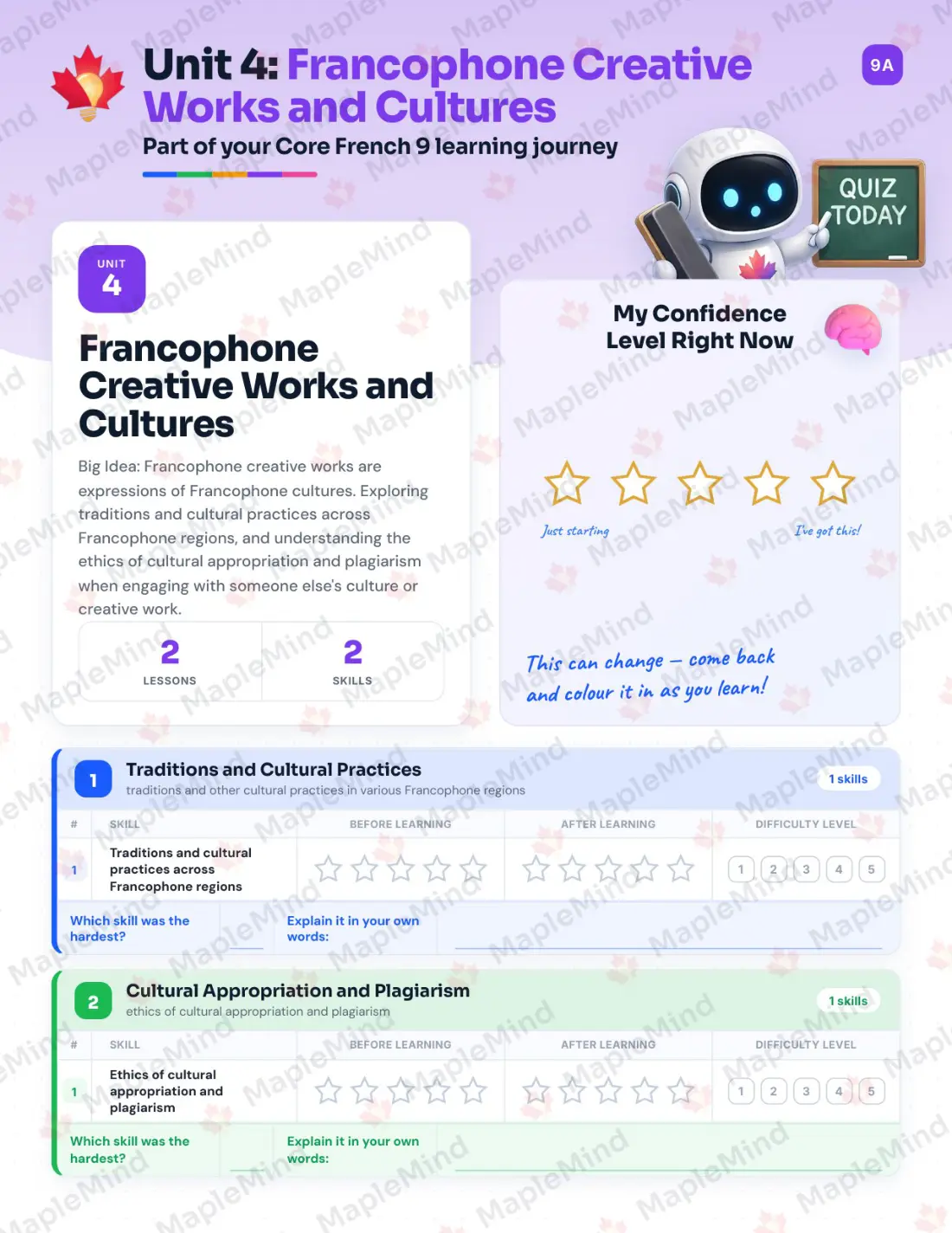 Page 18 of 33 from the Core French 9 British Columbia Course Companion — skills tracker with before and after self-assessment