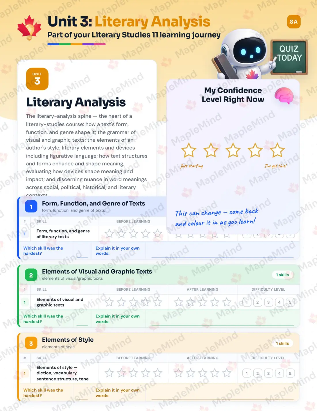 Page 16 of 35 from the Literary Studies 11 British Columbia Course Companion — skills tracker with before and after self-assessment