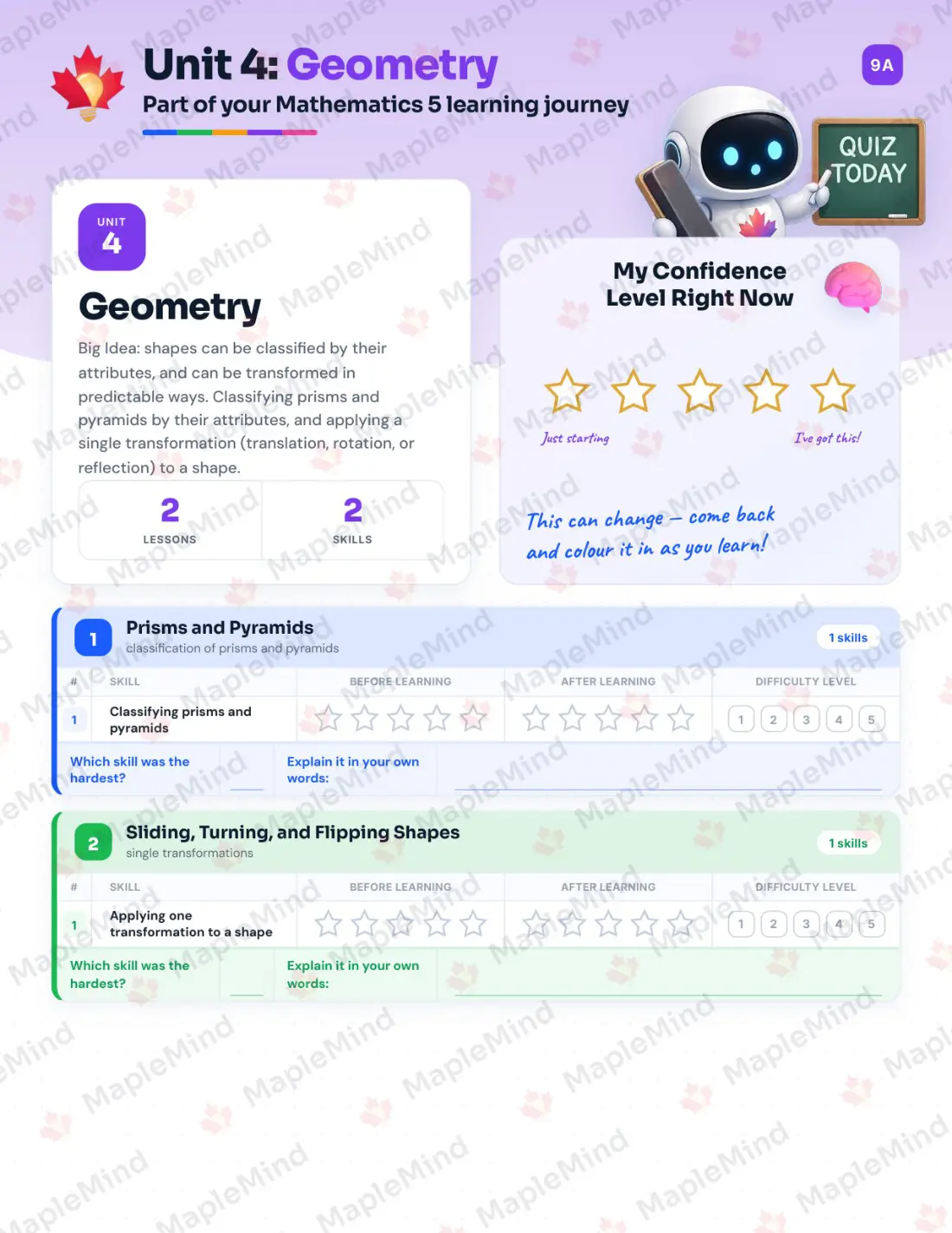 Page 18 of 36 from the Mathematics 5 British Columbia Course Companion — skills tracker with before and after self-assessment