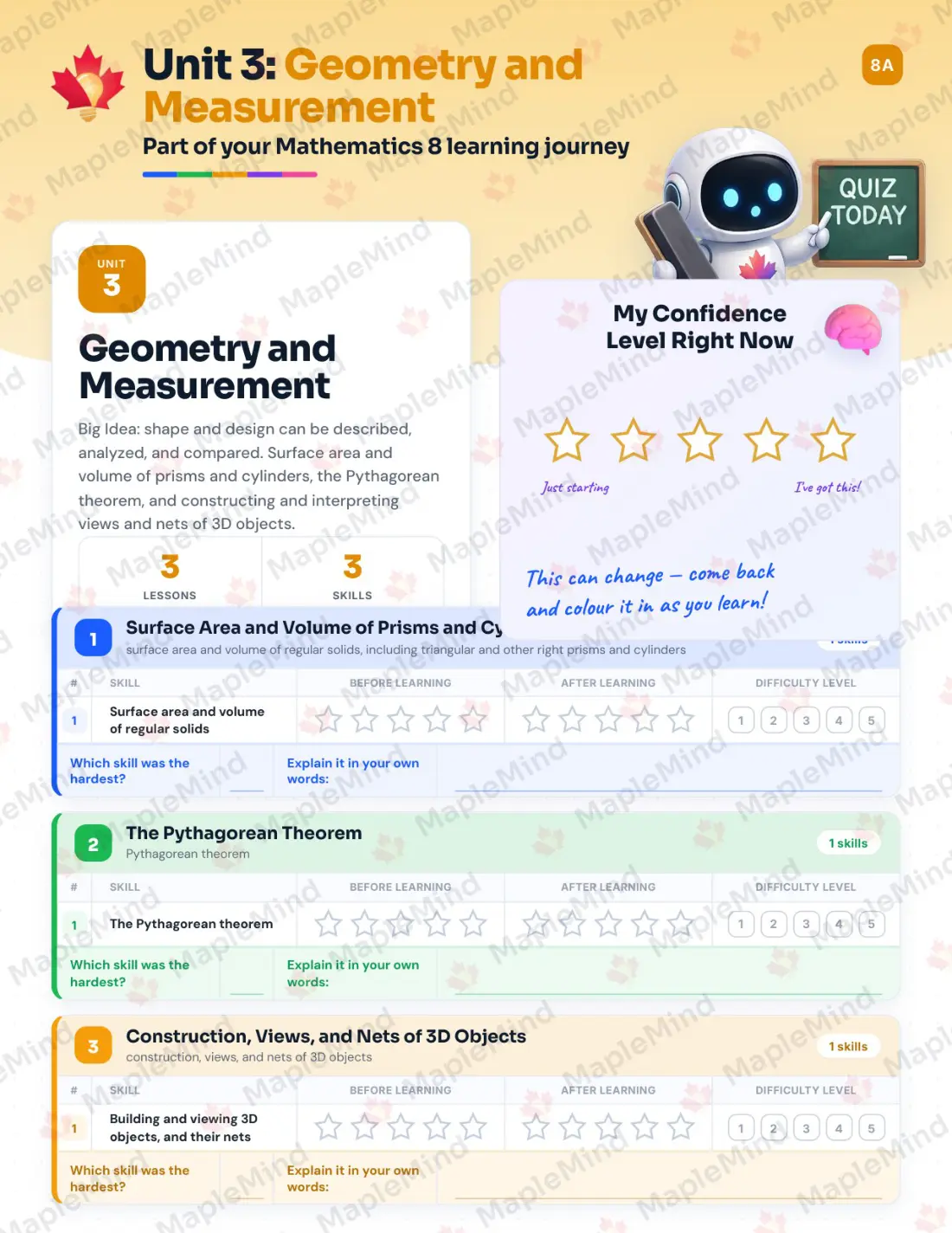 Page 13 of 31 from the Mathematics 8 British Columbia Course Companion — skills tracker with before and after self-assessment