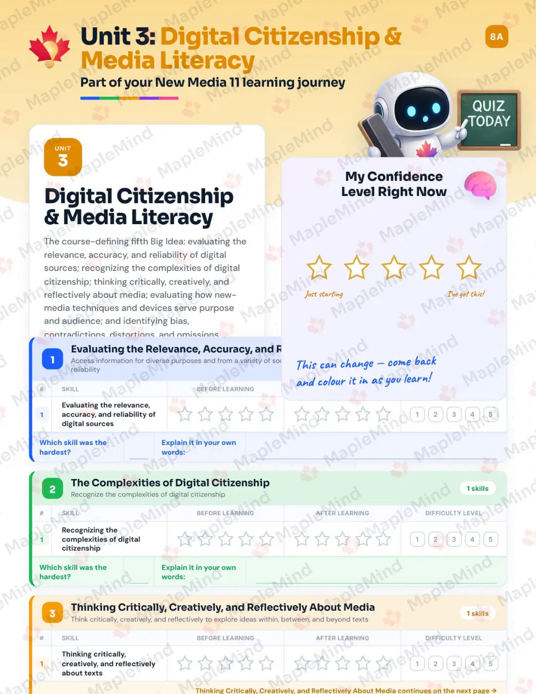 Page 18 of 41 from the New Media 11 British Columbia Course Companion — skills tracker with before and after self-assessment