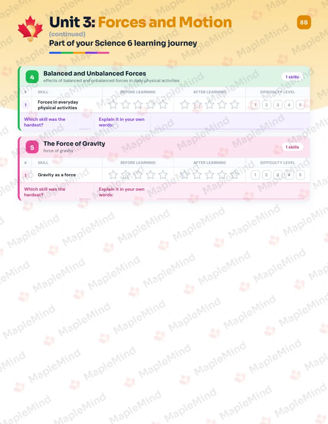 Page 16 of 31 from the Science 6 British Columbia Course Companion — skills tracker with before and after self-assessment
