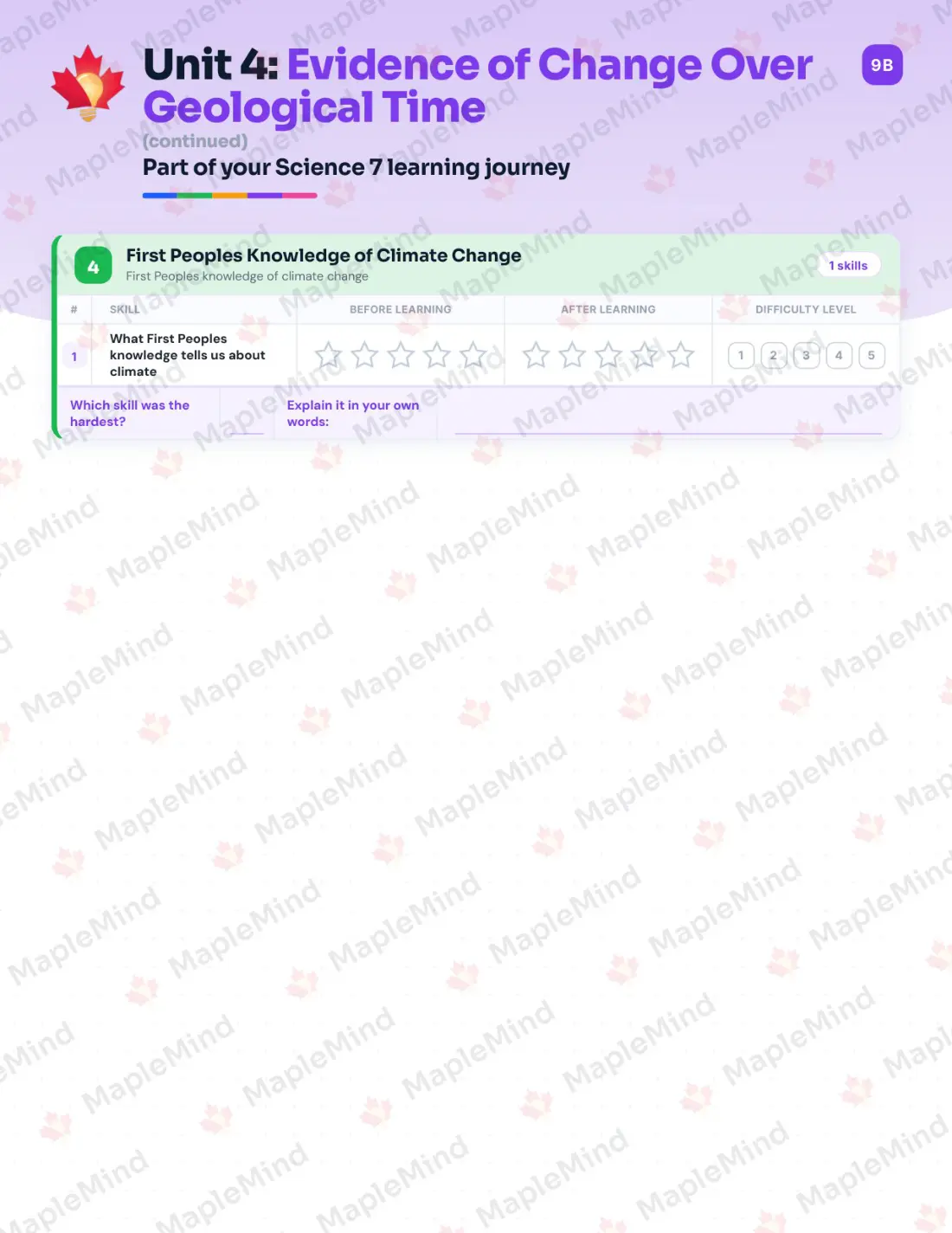 Page 17 of 29 from the Science 7 British Columbia Course Companion — skills tracker with before and after self-assessment