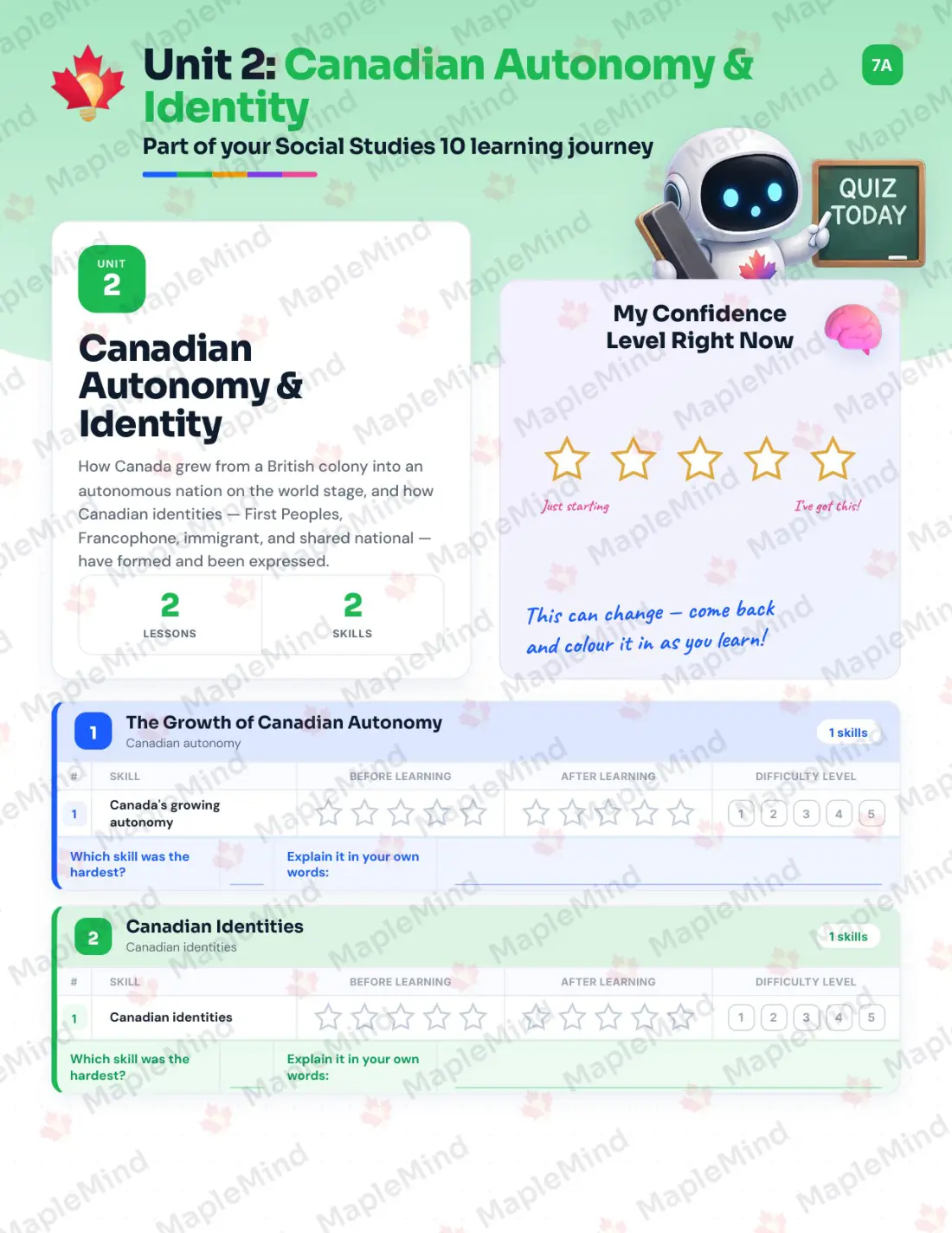 Page 11 of 32 from the Social Studies 10 British Columbia Course Companion — skills tracker with before and after self-assessment