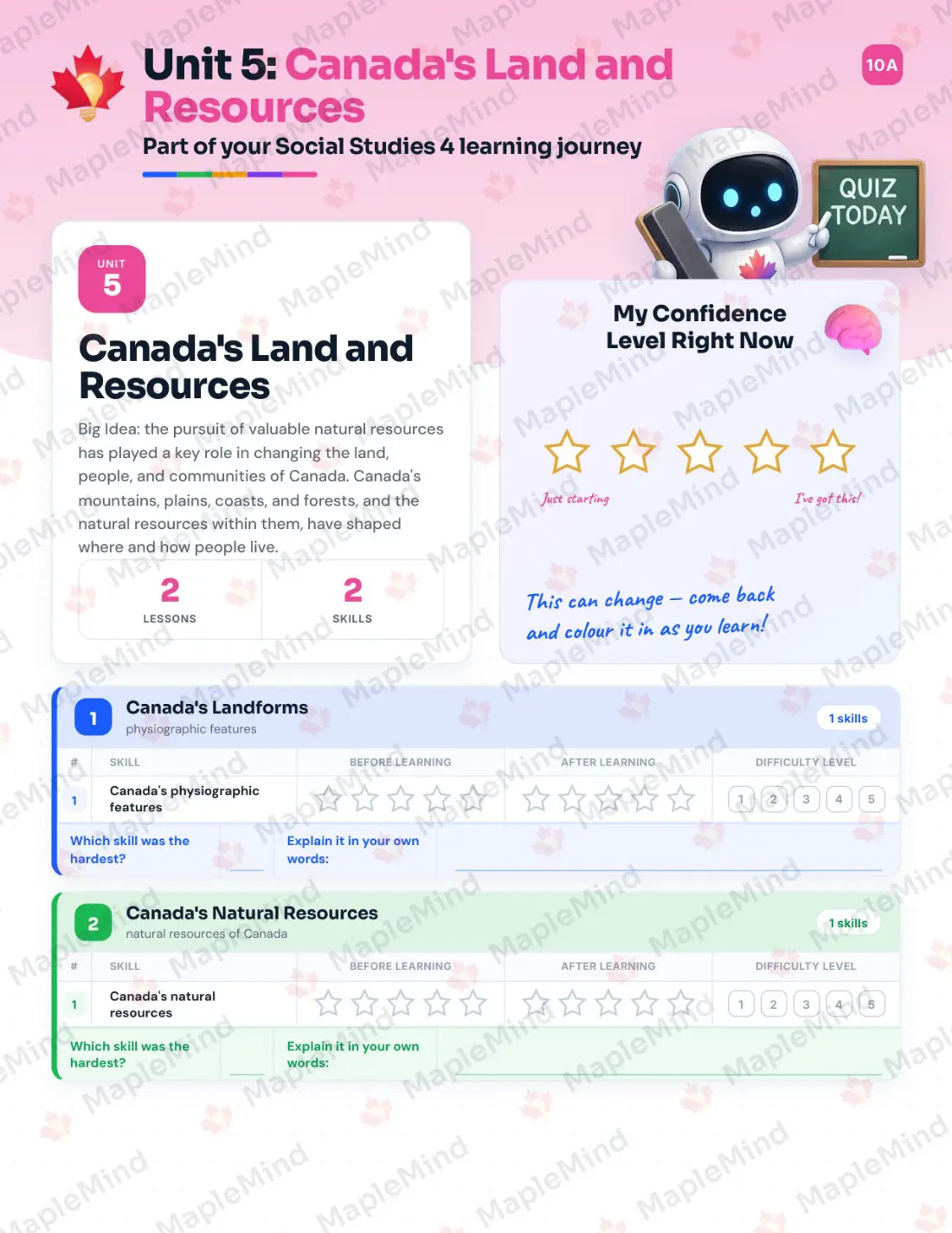 Page 18 of 30 from the Social Studies 4 British Columbia Course Companion — skills tracker with before and after self-assessment