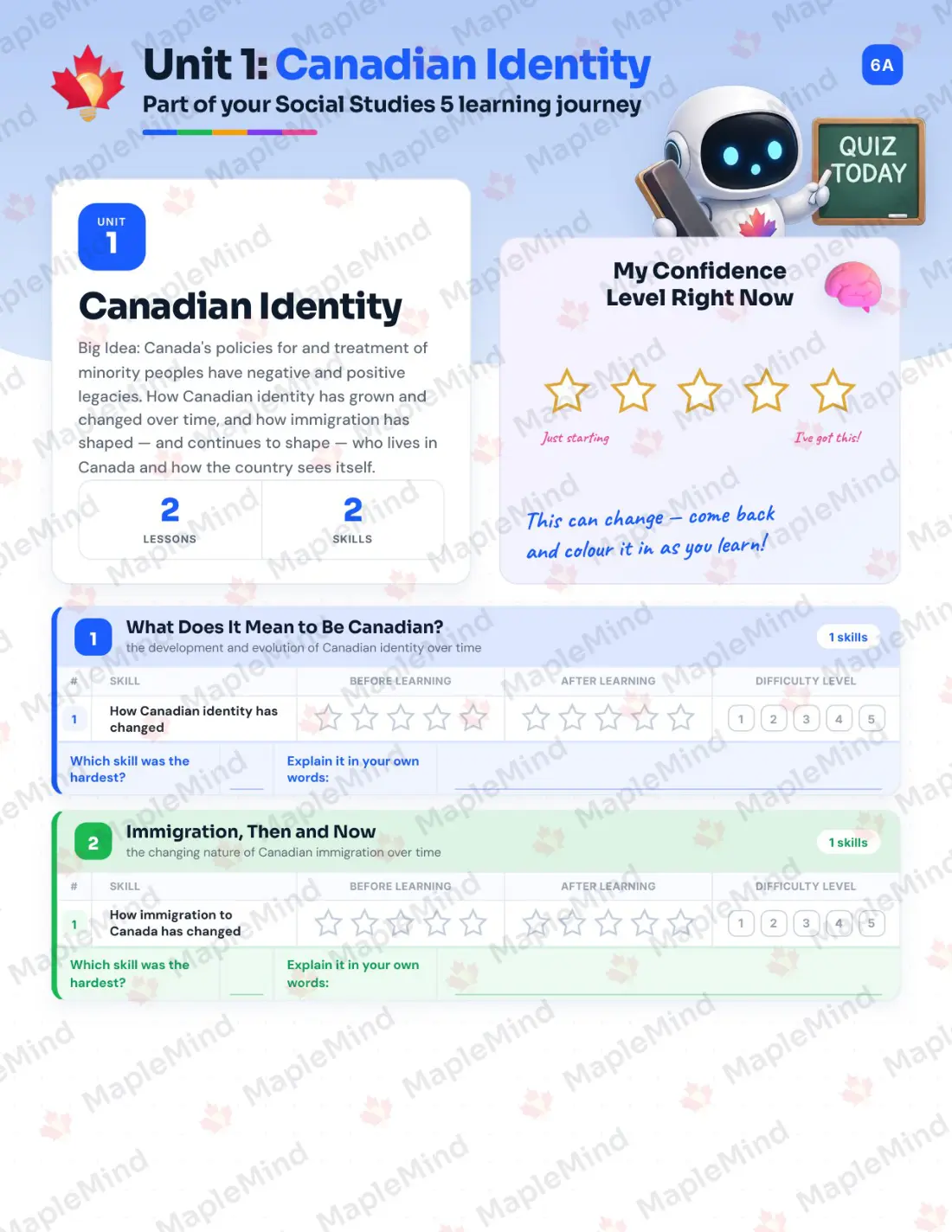 Page 6 of 27 from the Social Studies 5 British Columbia Course Companion — skills tracker with before and after self-assessment