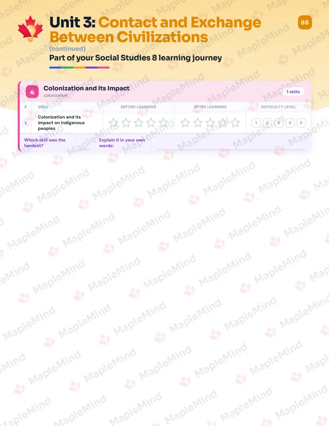 Page 13 of 28 from the Social Studies 8 British Columbia Course Companion — skills tracker with before and after self-assessment