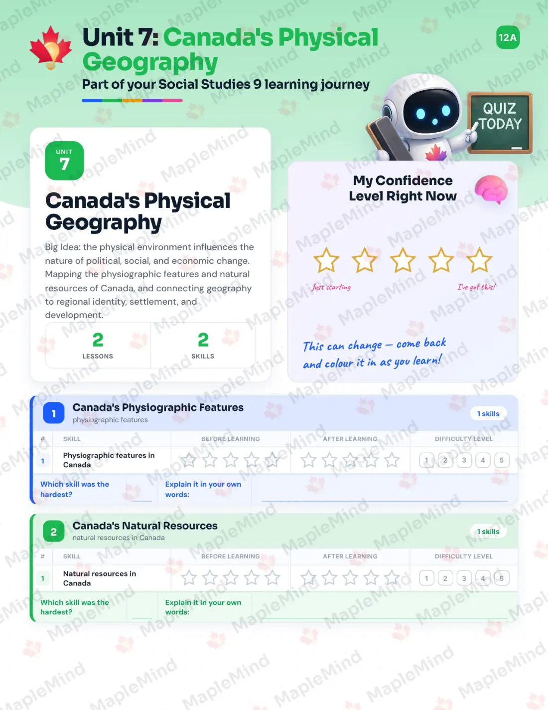 Page 25 of 37 from the Social Studies 9 British Columbia Course Companion — skills tracker with before and after self-assessment