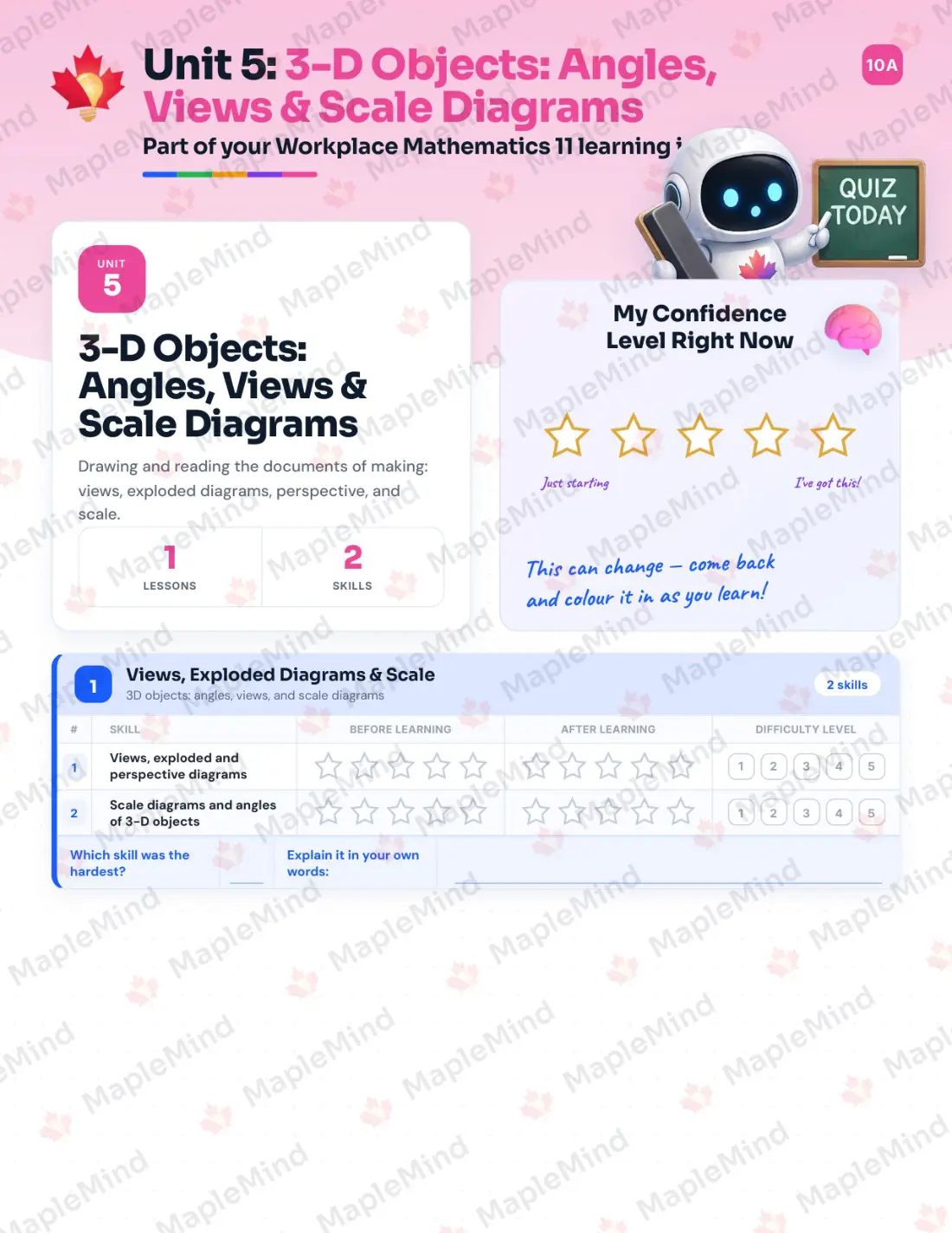 Page 18 of 30 from the Workplace Mathematics 11 British Columbia Course Companion — skills tracker with before and after self-assessment