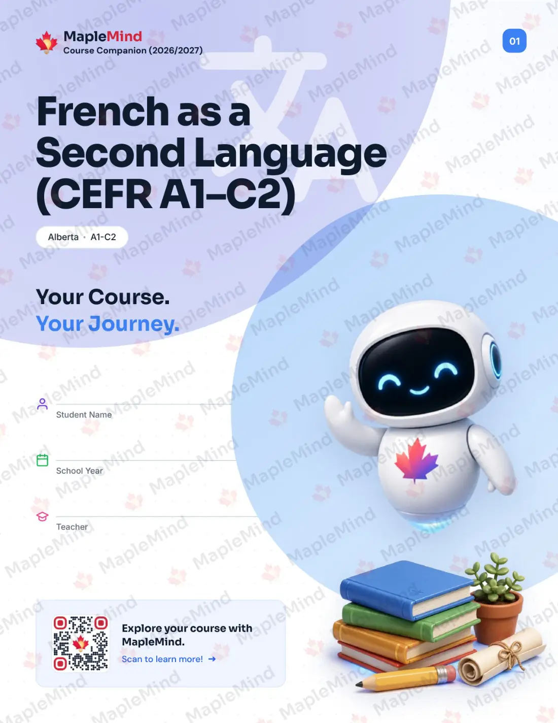 Page 1 of 33 from the French as a Second Language (CEFR A1–C2) Alberta Course Companion — workbook cover