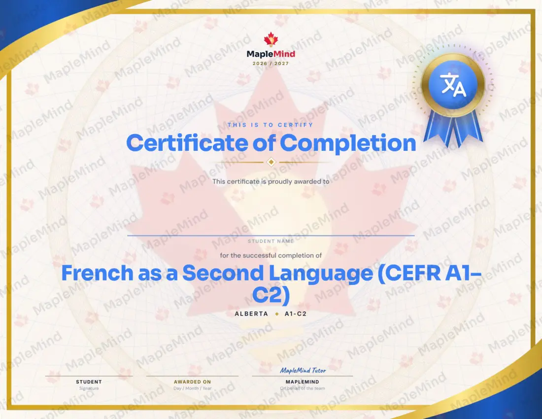 Page 33 of 33 from the French as a Second Language (CEFR A1–C2) Alberta Course Companion — year in review and certificate of completion
