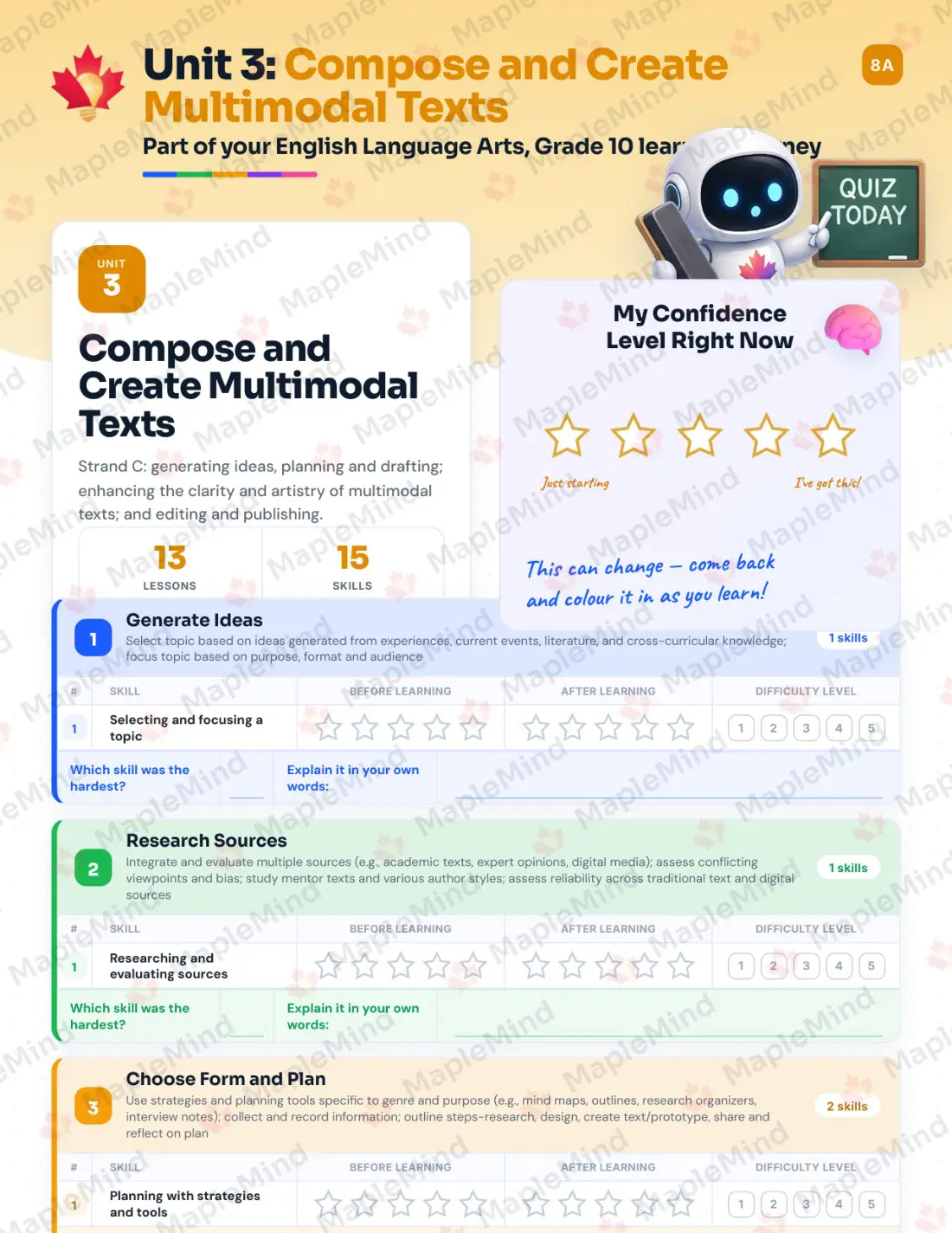 Page 18 of 37 from the English Language Arts, Grade 10 Manitoba Course Companion — skills tracker with before and after self-assessment