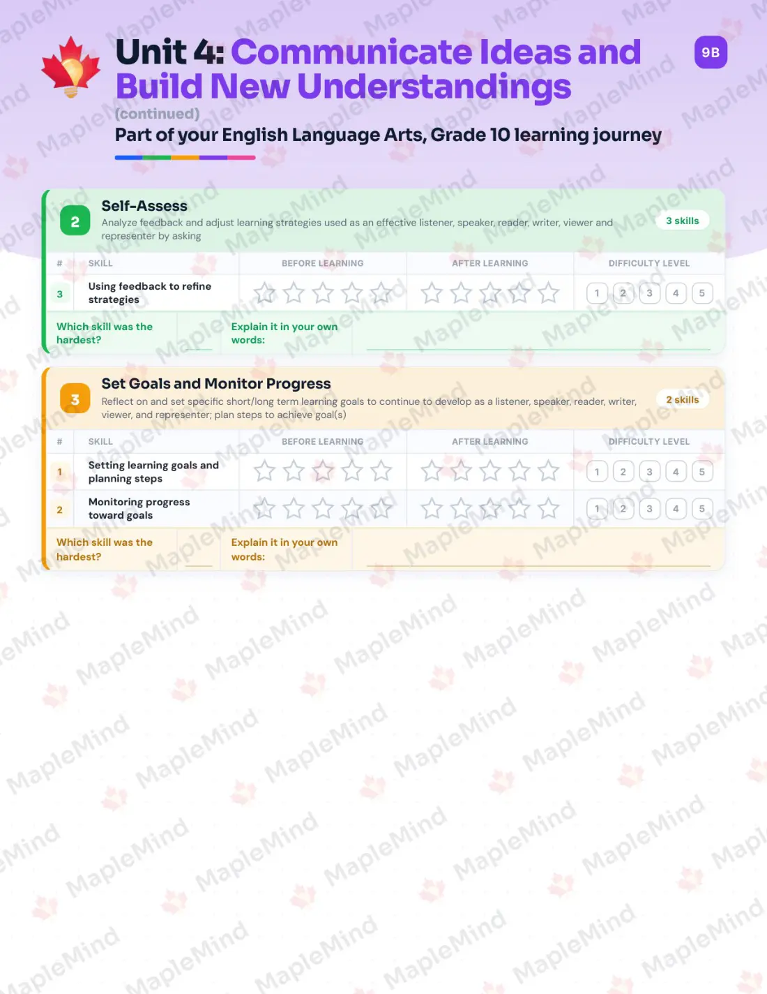 Page 25 of 37 from the English Language Arts, Grade 10 Manitoba Course Companion — skills tracker with before and after self-assessment
