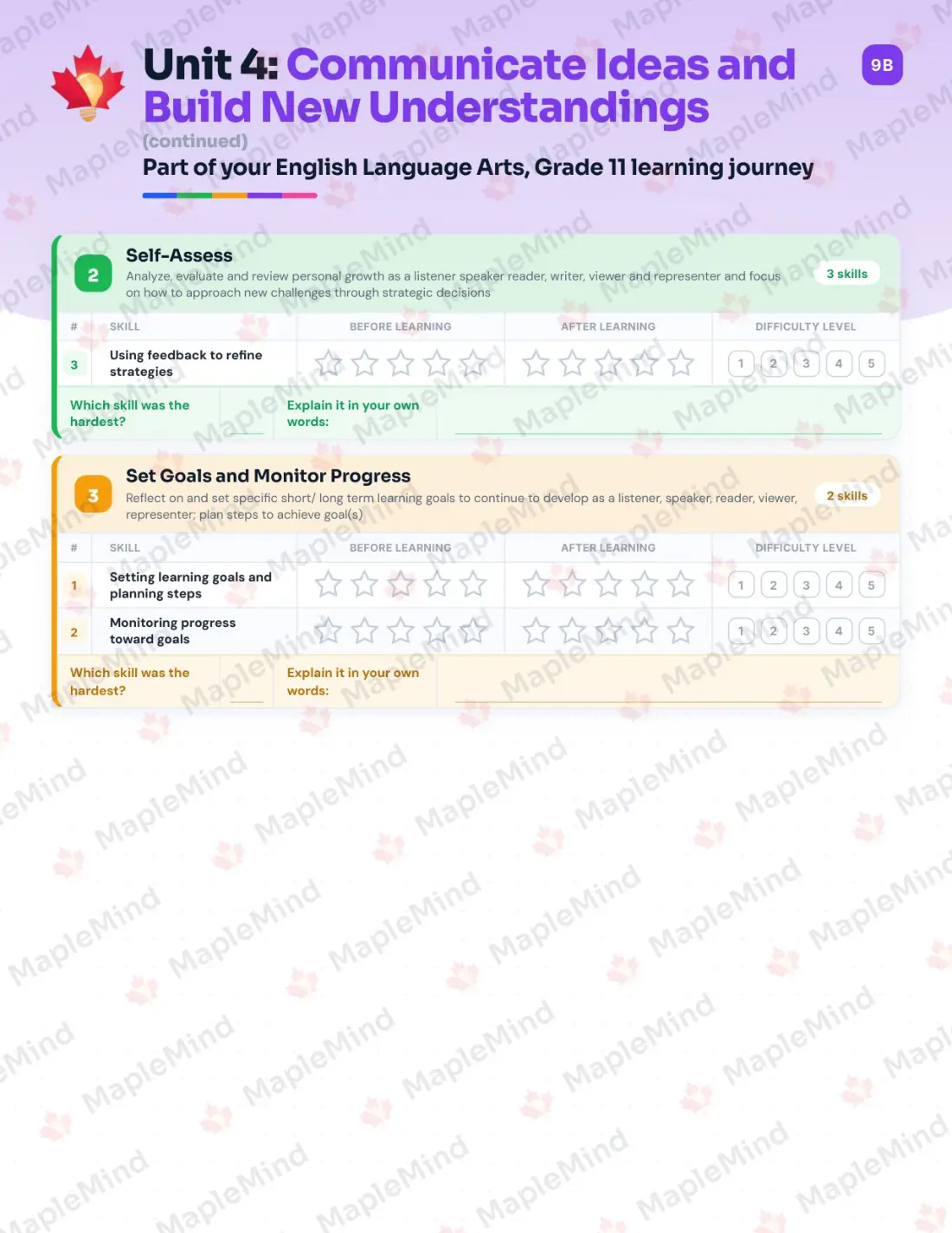 Page 25 of 37 from the English Language Arts, Grade 11 Manitoba Course Companion — skills tracker with before and after self-assessment
