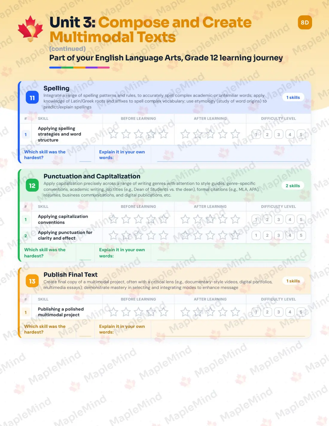 Page 21 of 37 from the English Language Arts, Grade 12 Manitoba Course Companion — skills tracker with before and after self-assessment