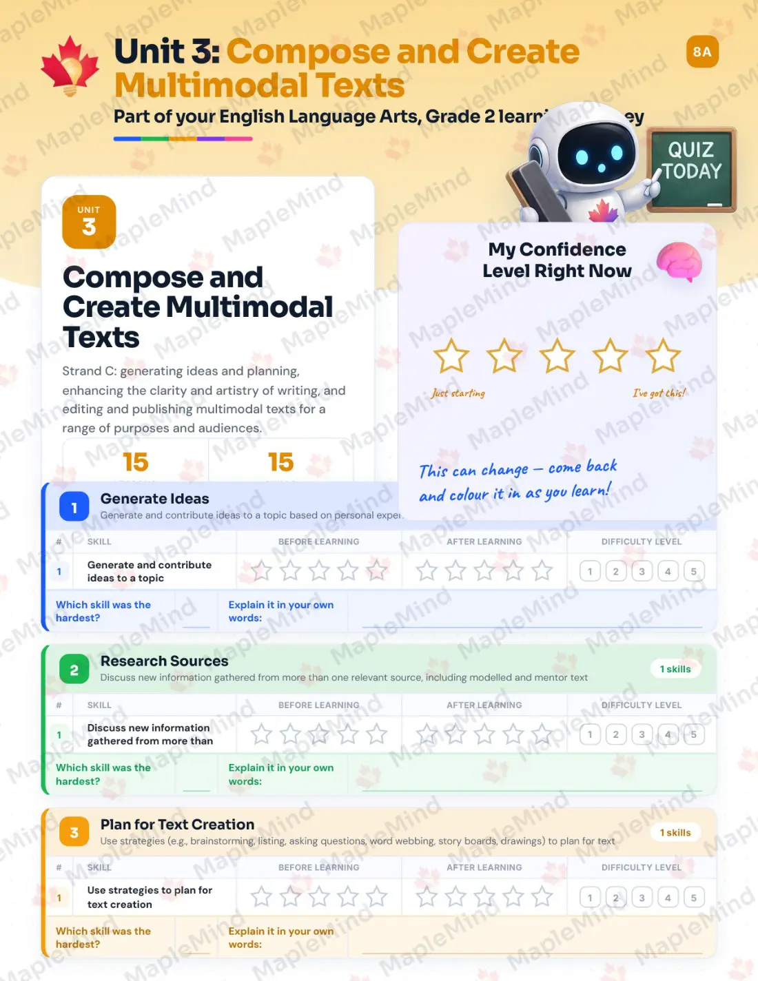 Page 18 of 37 from the English Language Arts, Grade 2 Manitoba Course Companion — skills tracker with before and after self-assessment