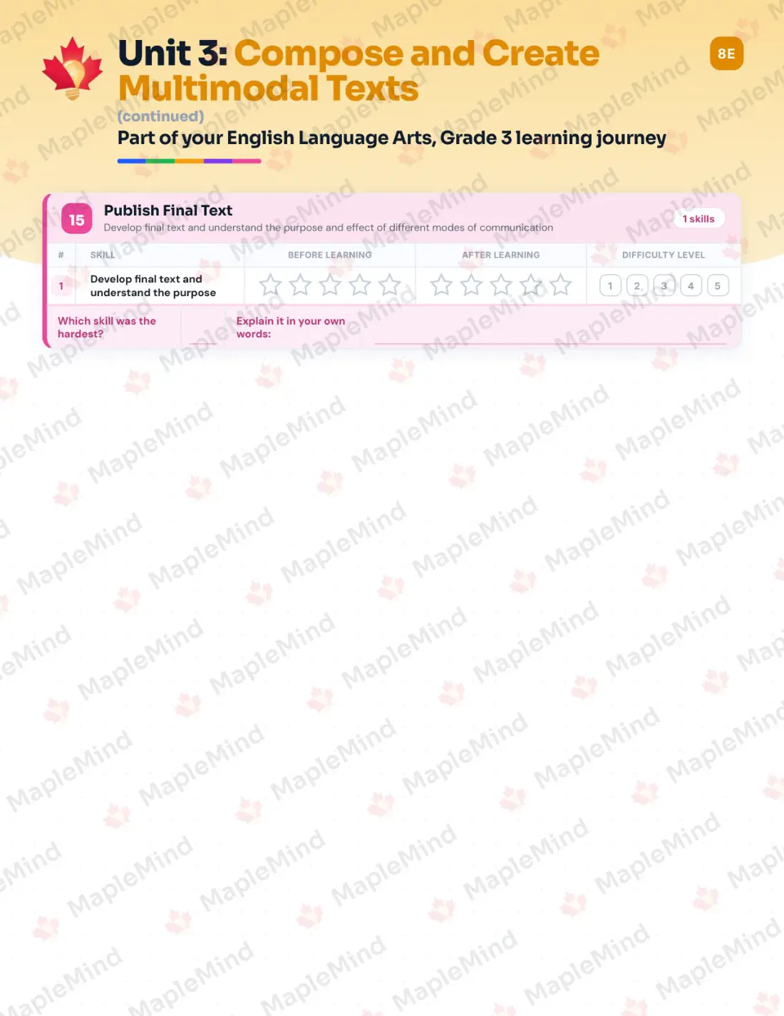 Page 22 of 38 from the English Language Arts, Grade 3 Manitoba Course Companion — skills tracker with before and after self-assessment
