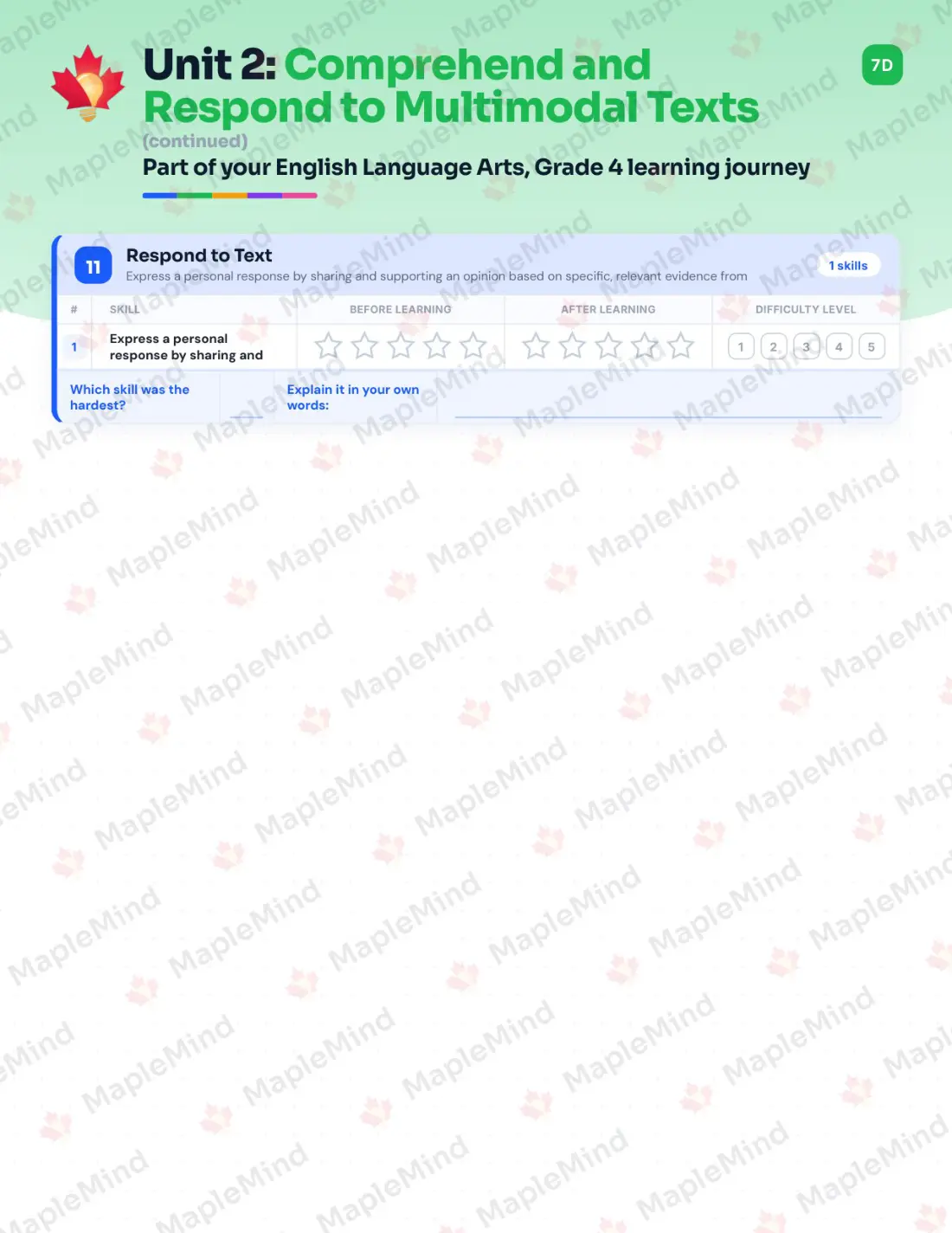 Page 15 of 37 from the English Language Arts, Grade 4 Manitoba Course Companion — skills tracker with before and after self-assessment
