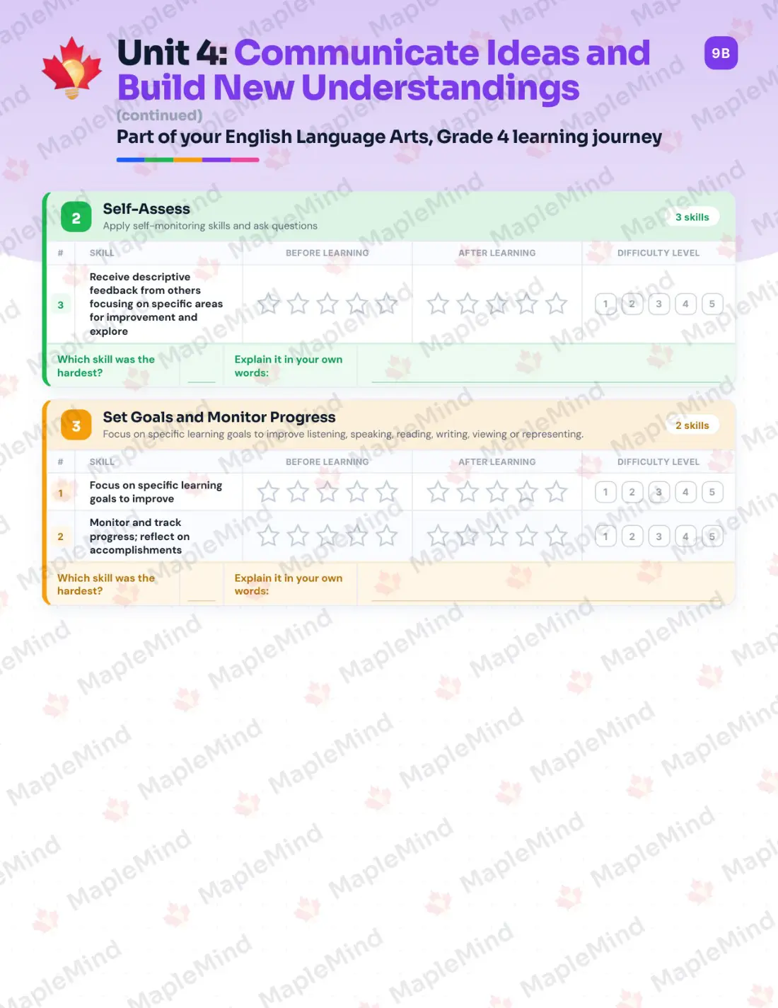 Page 25 of 37 from the English Language Arts, Grade 4 Manitoba Course Companion — skills tracker with before and after self-assessment
