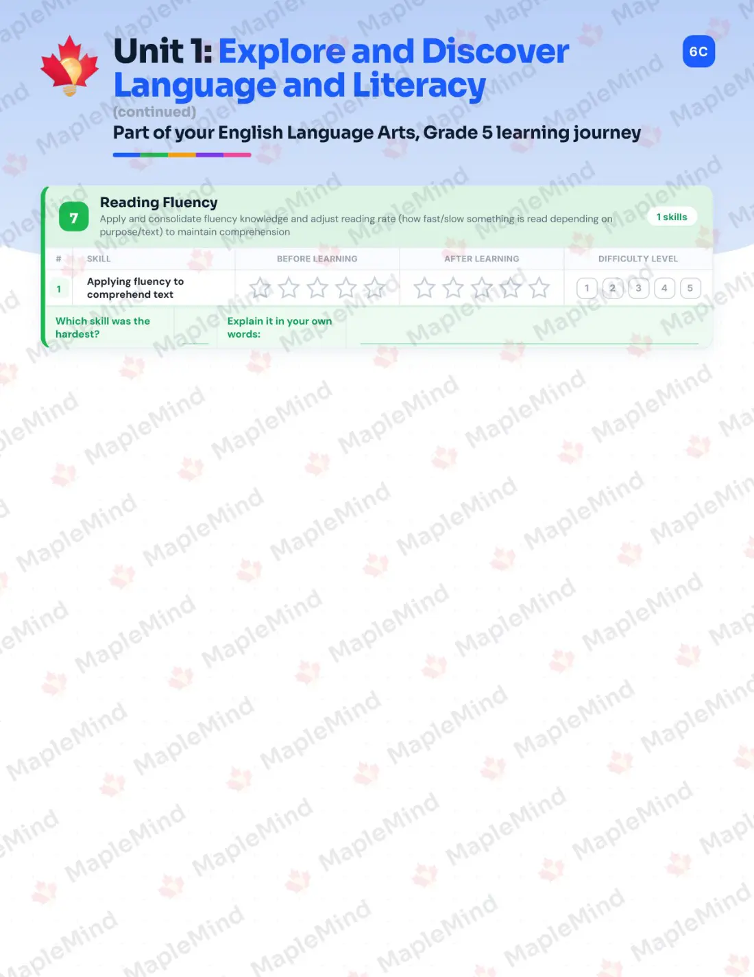 Page 9 of 37 from the English Language Arts, Grade 5 Manitoba Course Companion — skills tracker with before and after self-assessment