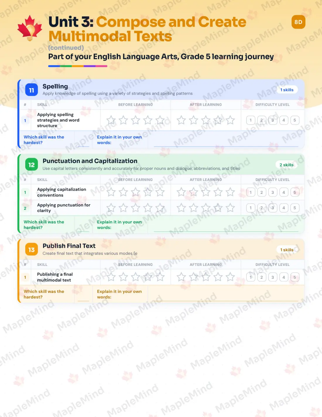 Page 21 of 37 from the English Language Arts, Grade 5 Manitoba Course Companion — skills tracker with before and after self-assessment