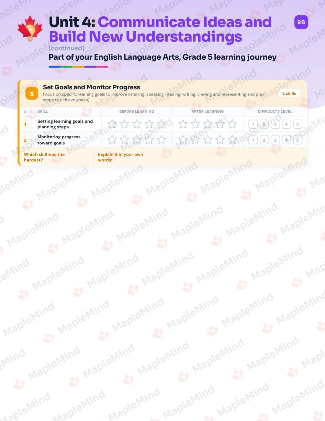 Page 25 of 37 from the English Language Arts, Grade 5 Manitoba Course Companion — skills tracker with before and after self-assessment
