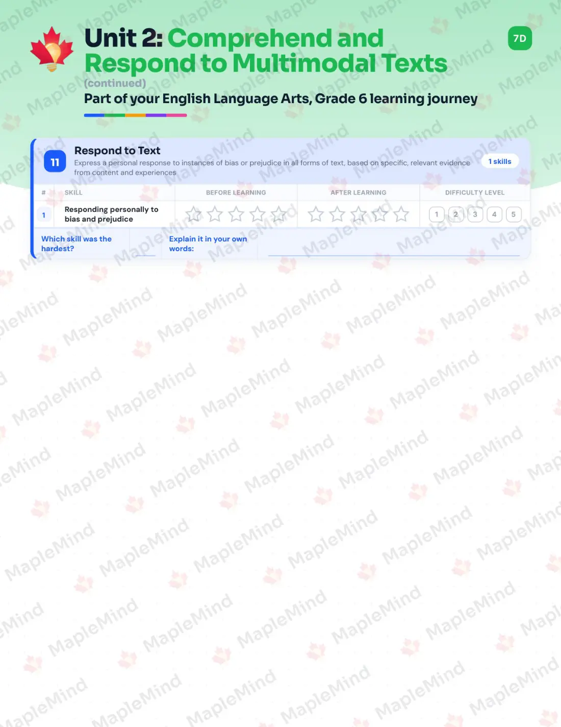 Page 14 of 36 from the English Language Arts, Grade 6 Manitoba Course Companion — skills tracker with before and after self-assessment
