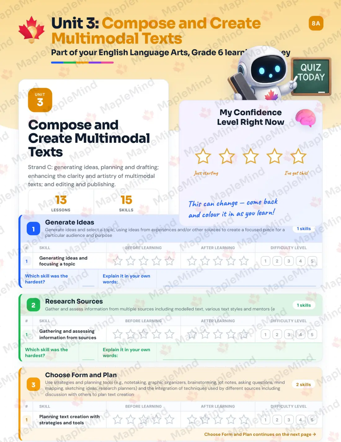 Page 17 of 36 from the English Language Arts, Grade 6 Manitoba Course Companion — skills tracker with before and after self-assessment