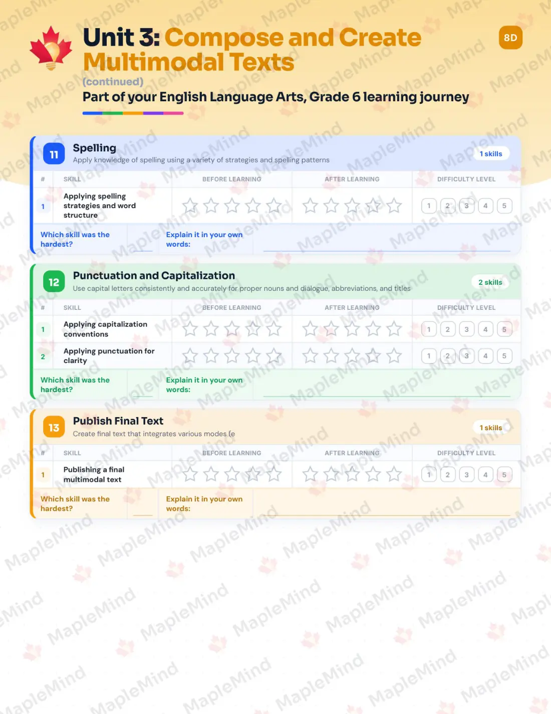 Page 20 of 36 from the English Language Arts, Grade 6 Manitoba Course Companion — skills tracker with before and after self-assessment