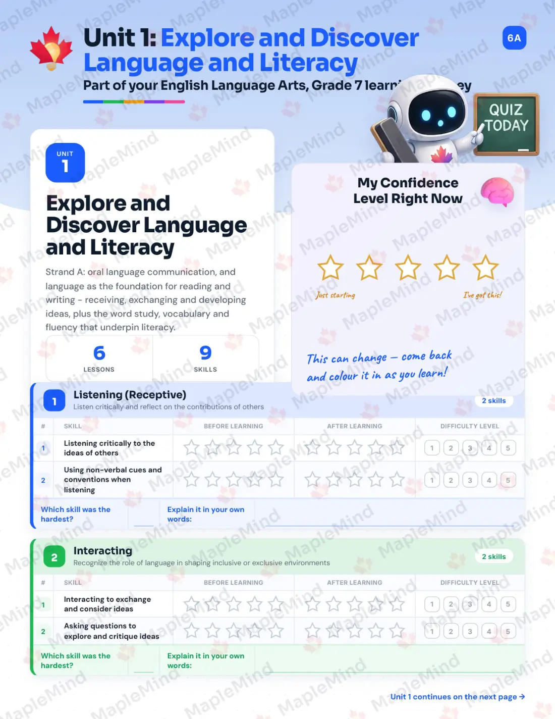 Page 7 of 36 from the English Language Arts, Grade 7 Manitoba Course Companion — skills tracker with before and after self-assessment