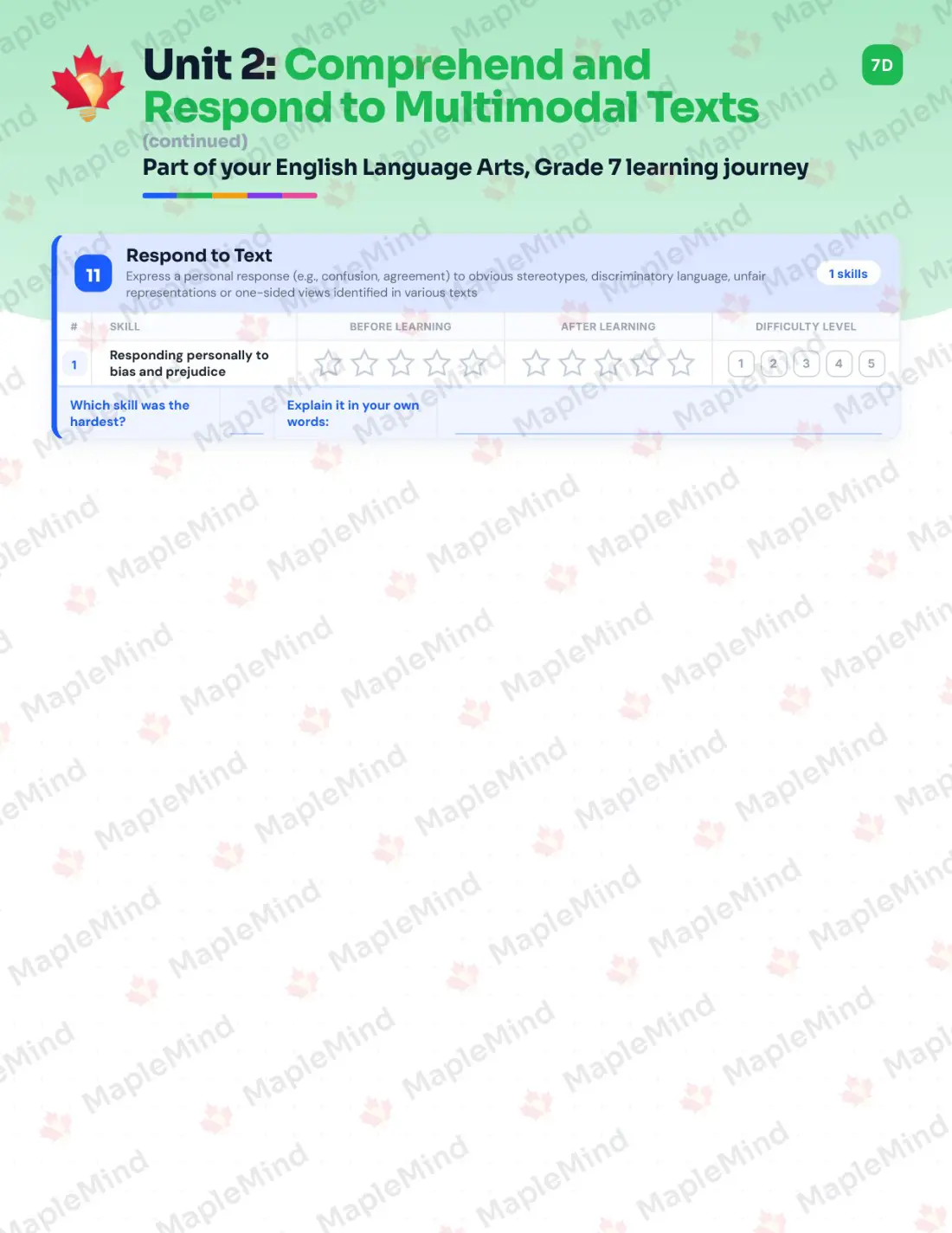 Page 14 of 36 from the English Language Arts, Grade 7 Manitoba Course Companion — skills tracker with before and after self-assessment